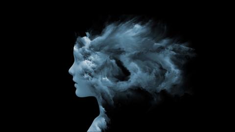 a light blue surreal silhouette of a face with misty shapes coming from the brain